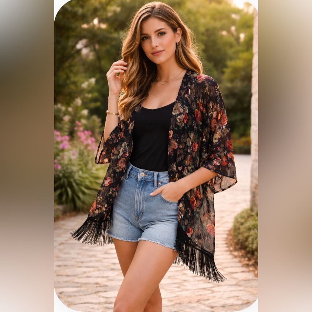 Mauve Anthropologie xl fringe floral  kimonos style open front